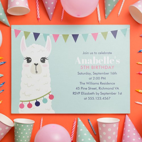 Cute Llama Kids Birthday Party Invitation