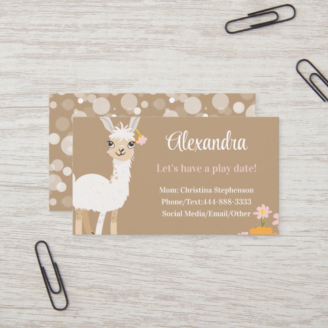 Cute Llama Kids Childrens Animal Calling Play Date Business Card (Front/Back In Situ)