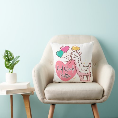 Cute Llama Kind Words Matter Throw Pillow