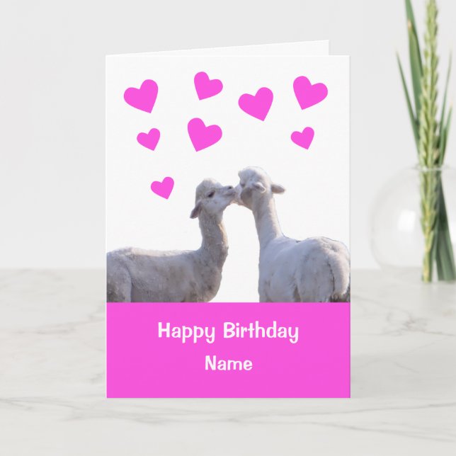 Cute Llama Kiss Pink Hearts Happy Birthday Card (Front)
