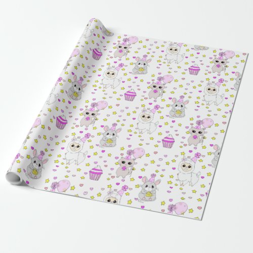 Cute Llama Kitten and Mouse Cupcake Purple Girls Wrapping Paper