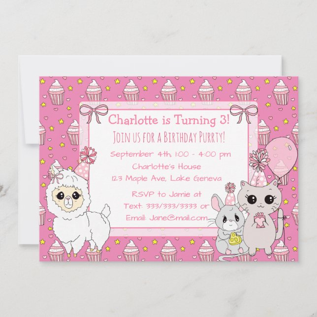 Cute Llama, Kitten and Mouse Pink Girl's Birthday Invitation (Front)