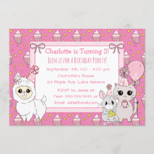 Cute Llama, Kitten and Mouse Pink Girl's Birthday Invitation