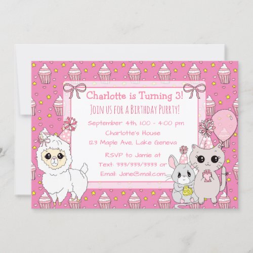 Cute Llama Kitten and Mouse Pink Girls Birthday Invitation