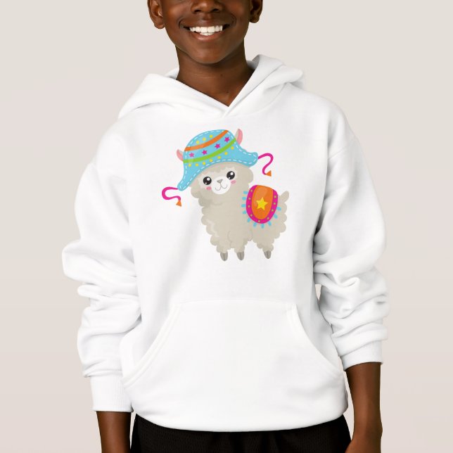 Cute Llama, Little Llama, Alpaca, Llama With Hat Hoodie (Front)