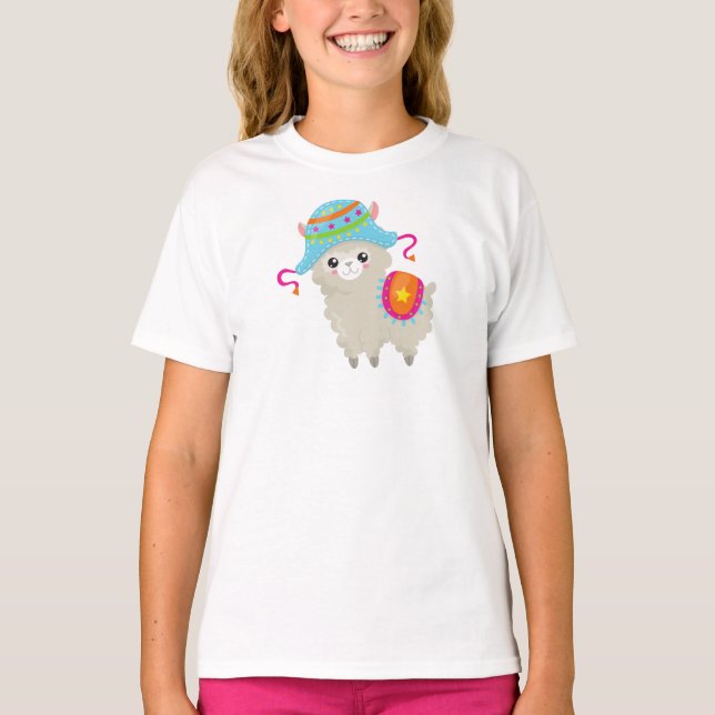 Cute Llama, Little Llama, Alpaca, Llama With Hat T-Shirt (Front)