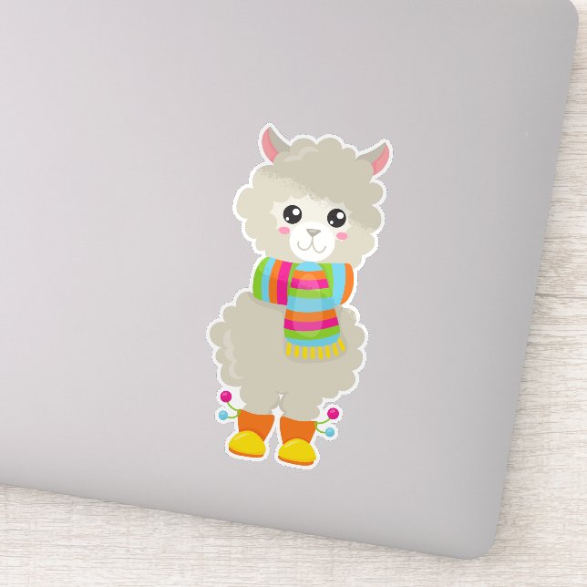 Cute Llama, Little Llama, Alpaca, Llama With Scarf Sticker (Detail)