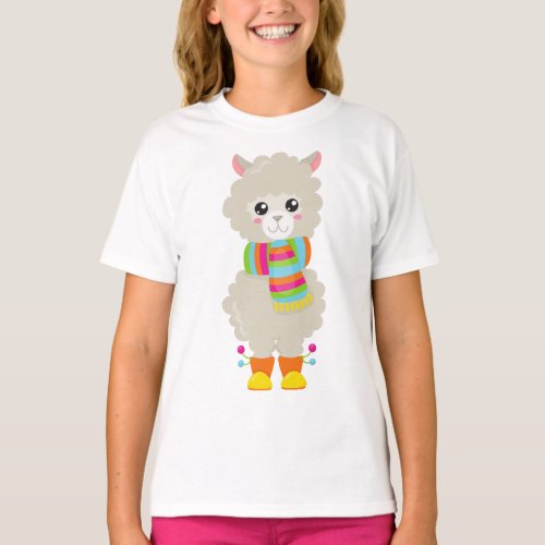 Cute Llama Little Llama Alpaca Llama With Scarf T_Shirt