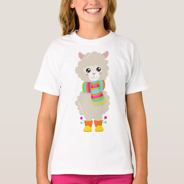 Cute Llama, Little Llama, Alpaca, Llama With Scarf T-Shirt (Front)
