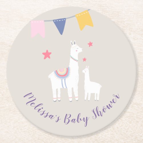 Cute Llama Mama and Baby Shower Round Paper Coaster