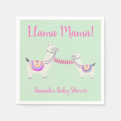 Cute Llama Mama Hot Pink and Green Baby Shower Napkins