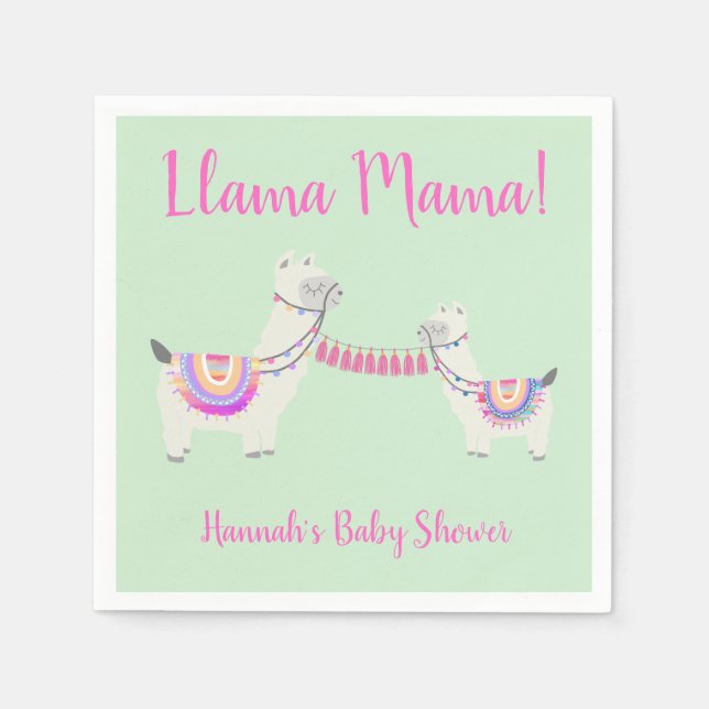 Cute Llama Mama Hot Pink and Green Baby Shower Napkins (Front)