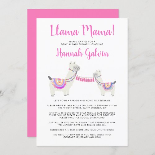 Cute Llama Mama Hot Pink Drive By Baby Shower Invitation