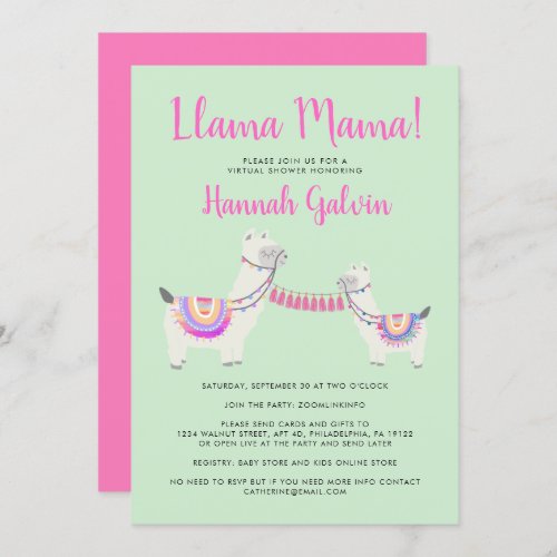 Cute Llama Mama Hot Pink Green Baby Virtual Shower Invitation