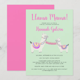 Cute Llama Mama Hot Pink Green Baby Virtual Shower Invitation