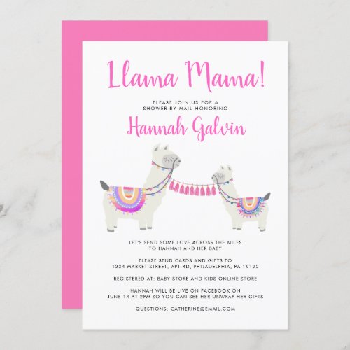 Cute Llama Mama Hot Pink White Baby Shower By Mail Invitation