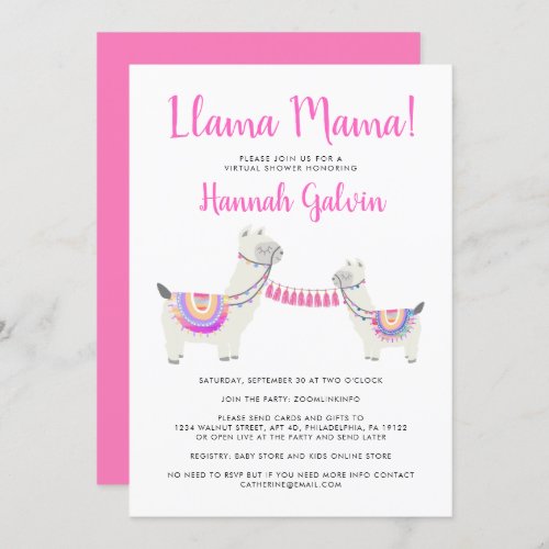 Cute Llama Mama Hot Pink White Baby Virtual Shower Invitation