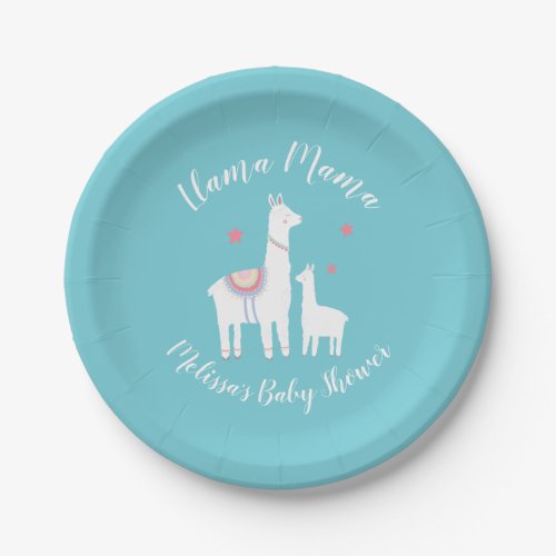 Cute Llama Mama Turquoise Baby Shower Paper Plates