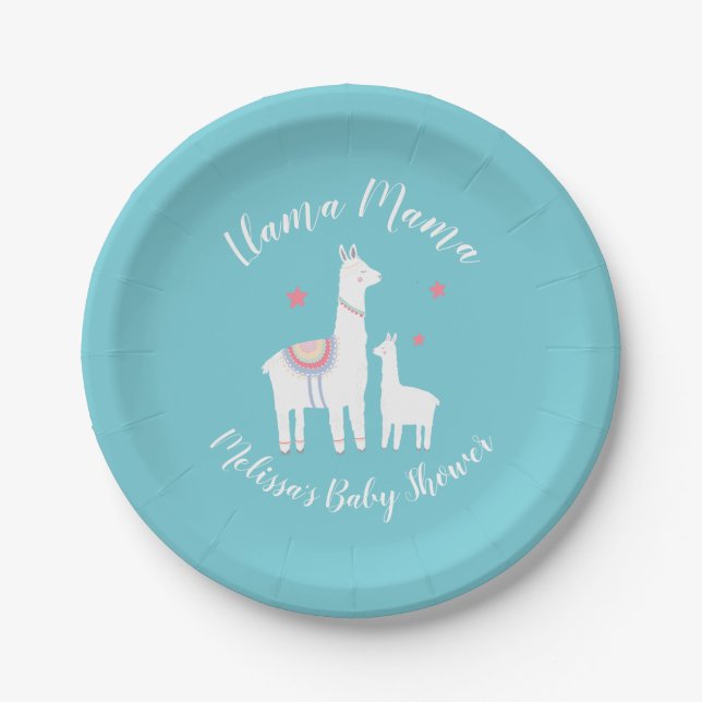 Cute Llama Mama Turquoise Baby Shower Paper Plates (Front)