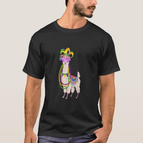 Cute Llama Mardi Gras Beads Mask Carnival Party Me T_Shirt