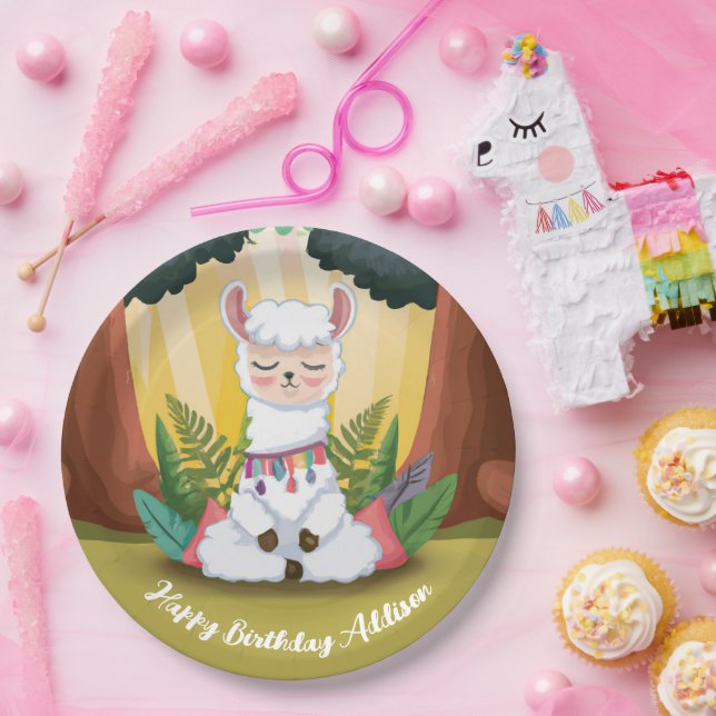 Cute Llama Meditating in Magical Forest Birthday Paper Plates (Party)
