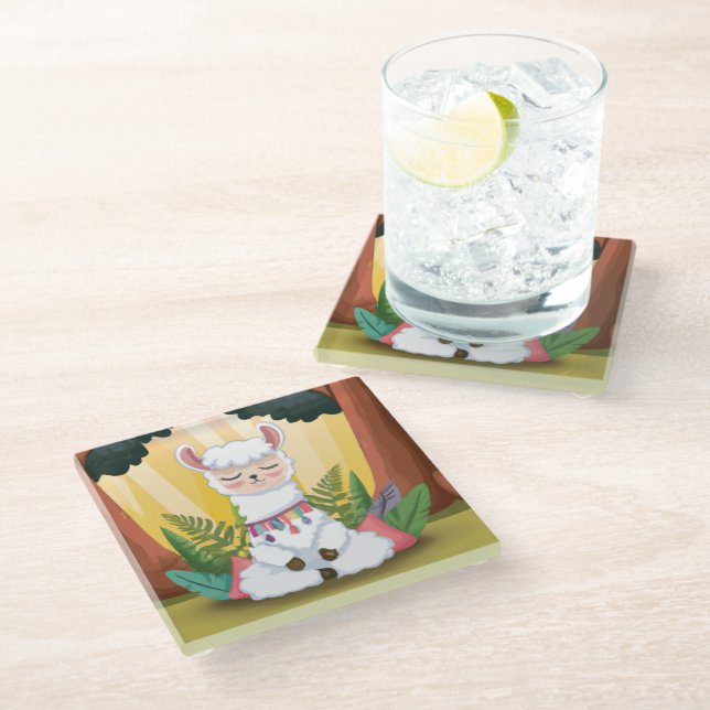 Cute Llama Meditating in Magical Forest Glass Coaster (Angled)