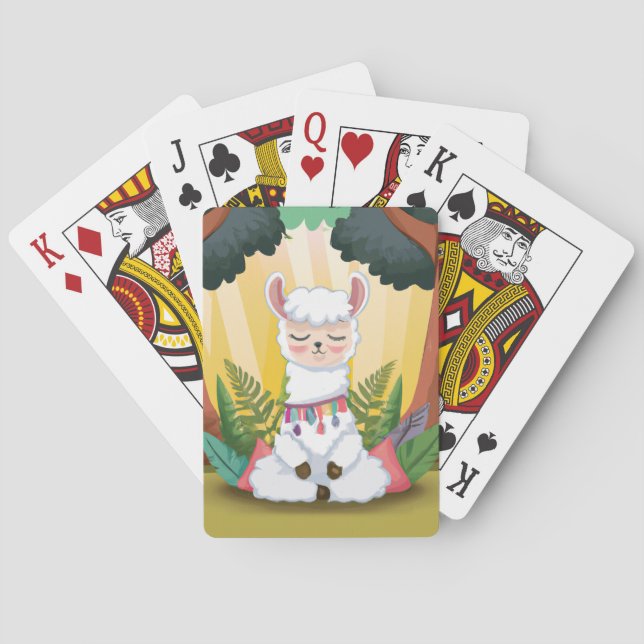 Cute Llama Meditating in Magical Forest Poker Cards (Back)
