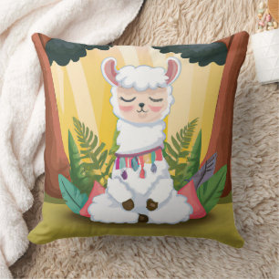 Cute Llama Meditating in Magical Forest Throw Pillow