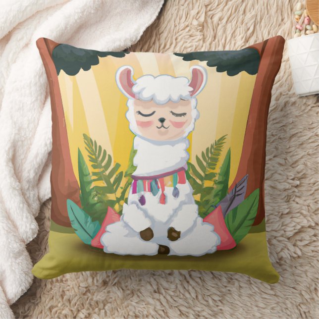 Cute Llama Meditating in Magical Forest Throw Pillow (Blanket)