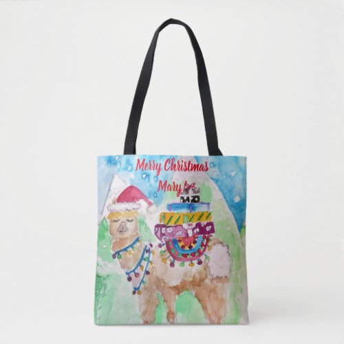 Cute Llama Merry Christmas art Girls Tote Bag