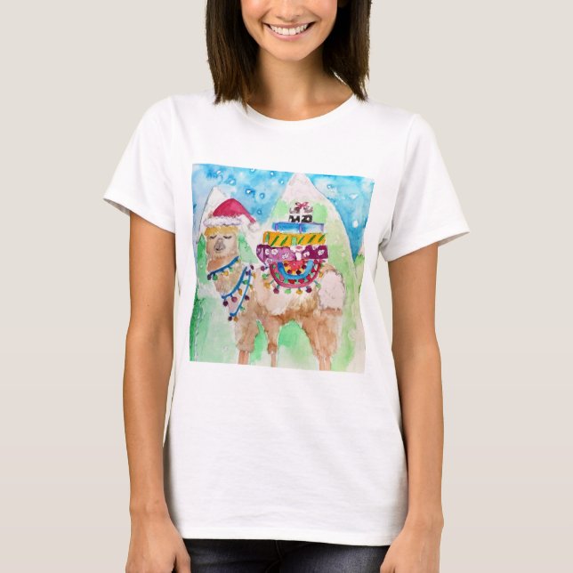 Cute Llama Merry Christmas Watercolour art T-Shirt (Front)