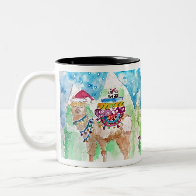 Cute Llama Merry Christmas Watercolour art Two-Tone Coffee Mug (Left)