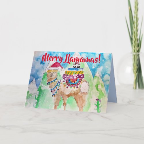Cute Llama Merry Llamamas Art Christmas Card
