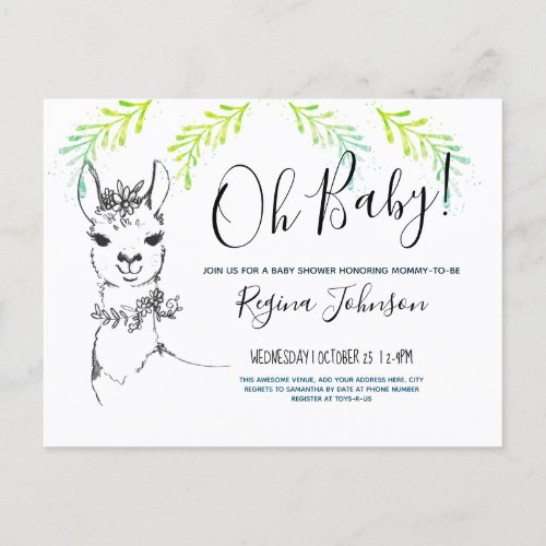 Cute llama Oh Baby Shower Girl Invitation Postcard