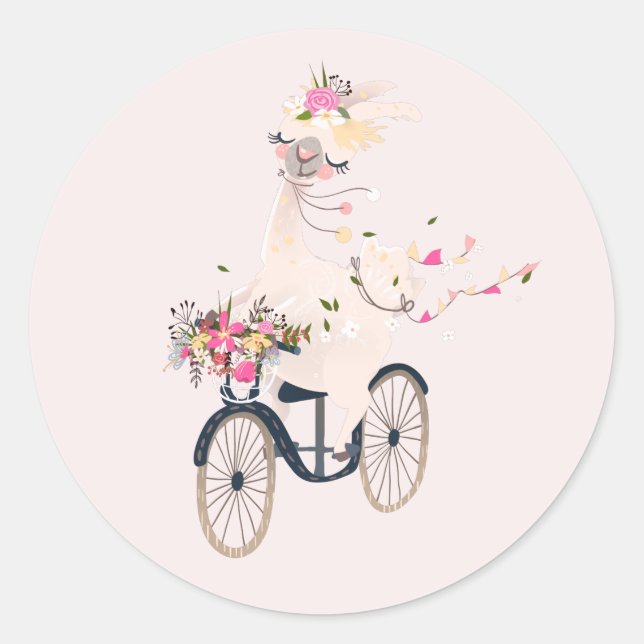 Cute Llama on Bike Classic Round Sticker (Front)