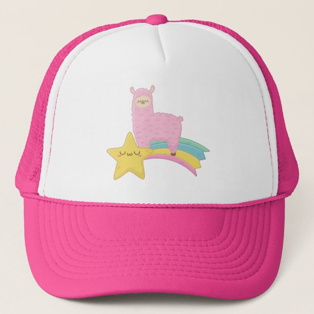 Cute Llama On Rainbow Trucker Hat  (Front)