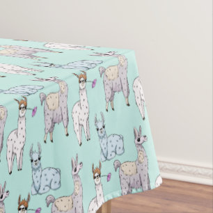 Cute Llama Pattern Illustration on Green Tablecloth