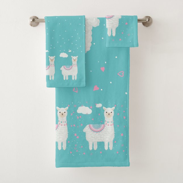 Cute  llama pattern mint background bath towel set (Insitu)