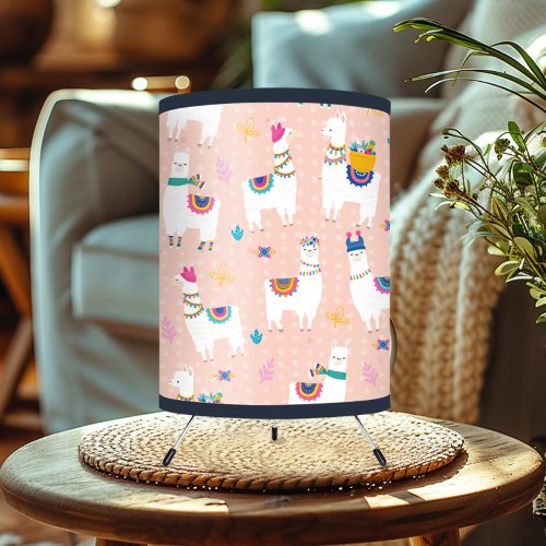 Cute Llama Pattern On Pink Tripod Lamp