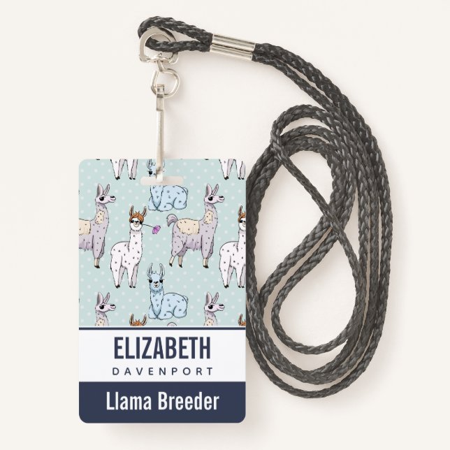 Cute Llama Pattern on Polka Dots Badge (Front with Lanyard)