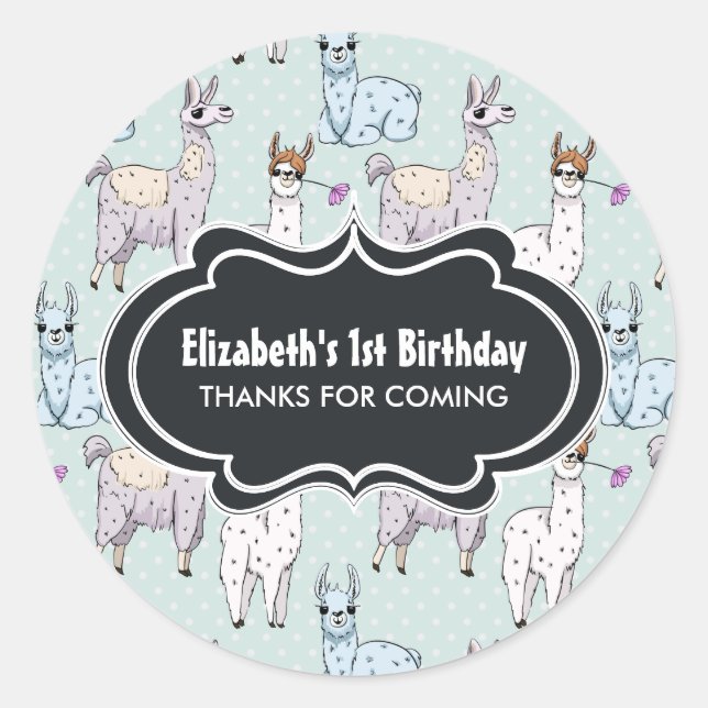 Cute Llama Pattern on Polka Dots Birthday Classic Round Sticker (Front)