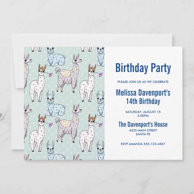 Cute LLama Pattern on Polka Dots Birthday Invitation (Front)