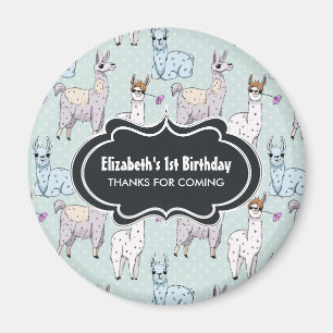 Cute Llama Pattern on Polka Dots Birthday Magnet