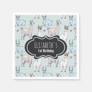 Cute Llama Pattern on Polka Dots Birthday Napkins