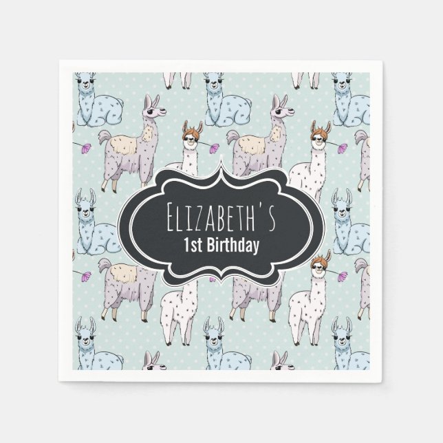 Cute Llama Pattern on Polka Dots Birthday Napkins (Front)