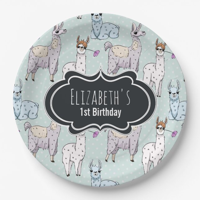 Cute Llama Pattern on Polka Dots Birthday Paper Plates (Front)
