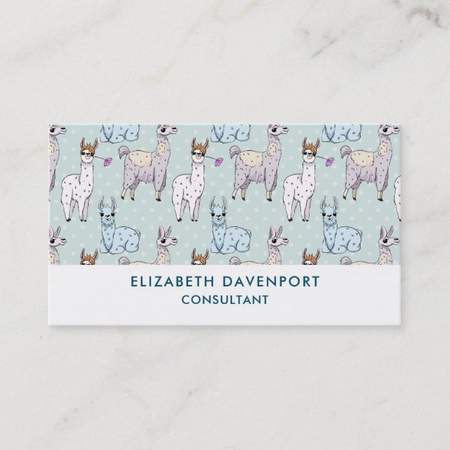 Cute Llama Pattern on Polka Dots Business Card (Front)