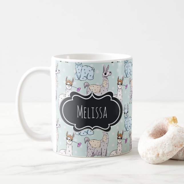 Cute Llama Pattern on Polka Dots Coffee Mug (With Donut)