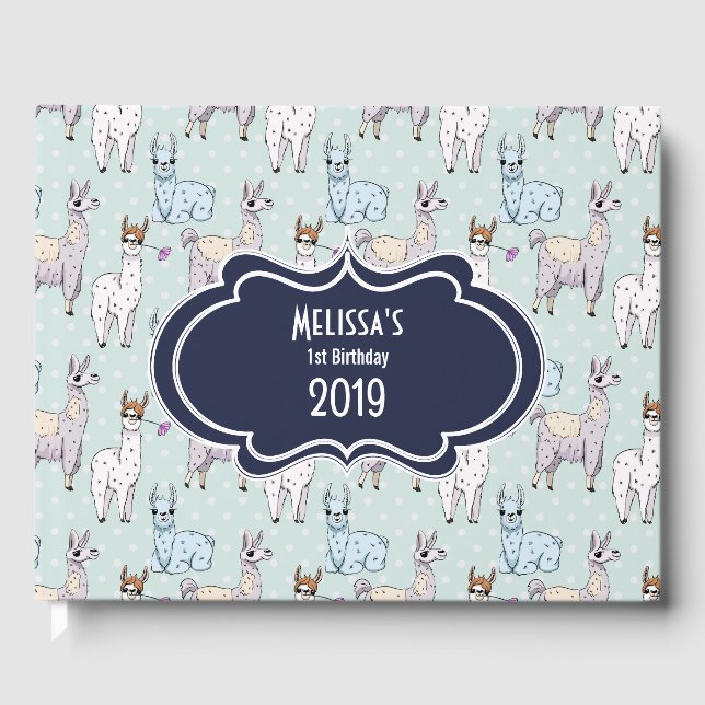 Cute Llama Pattern on Polka Dots Guest Book (Front)