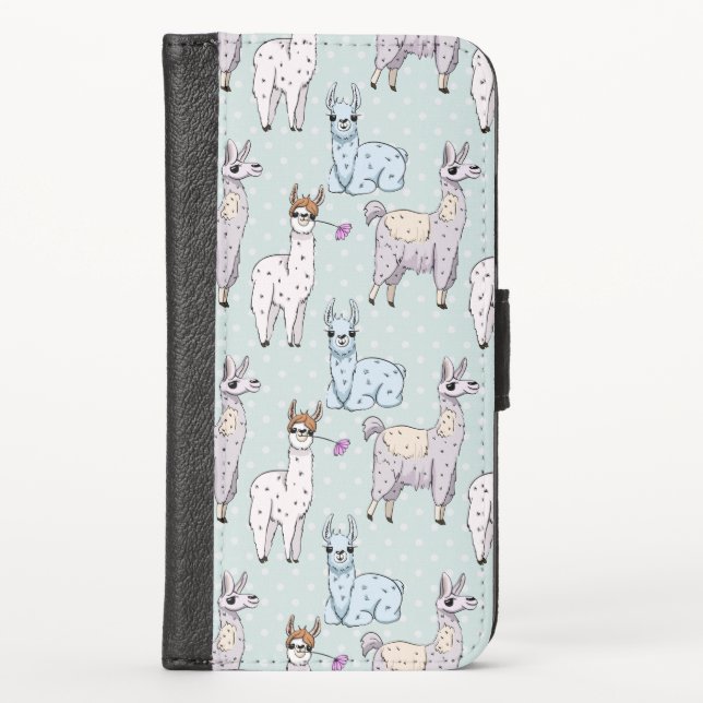 Cute Llama Pattern on Polka Dots iPhone Wallet Case (Front)